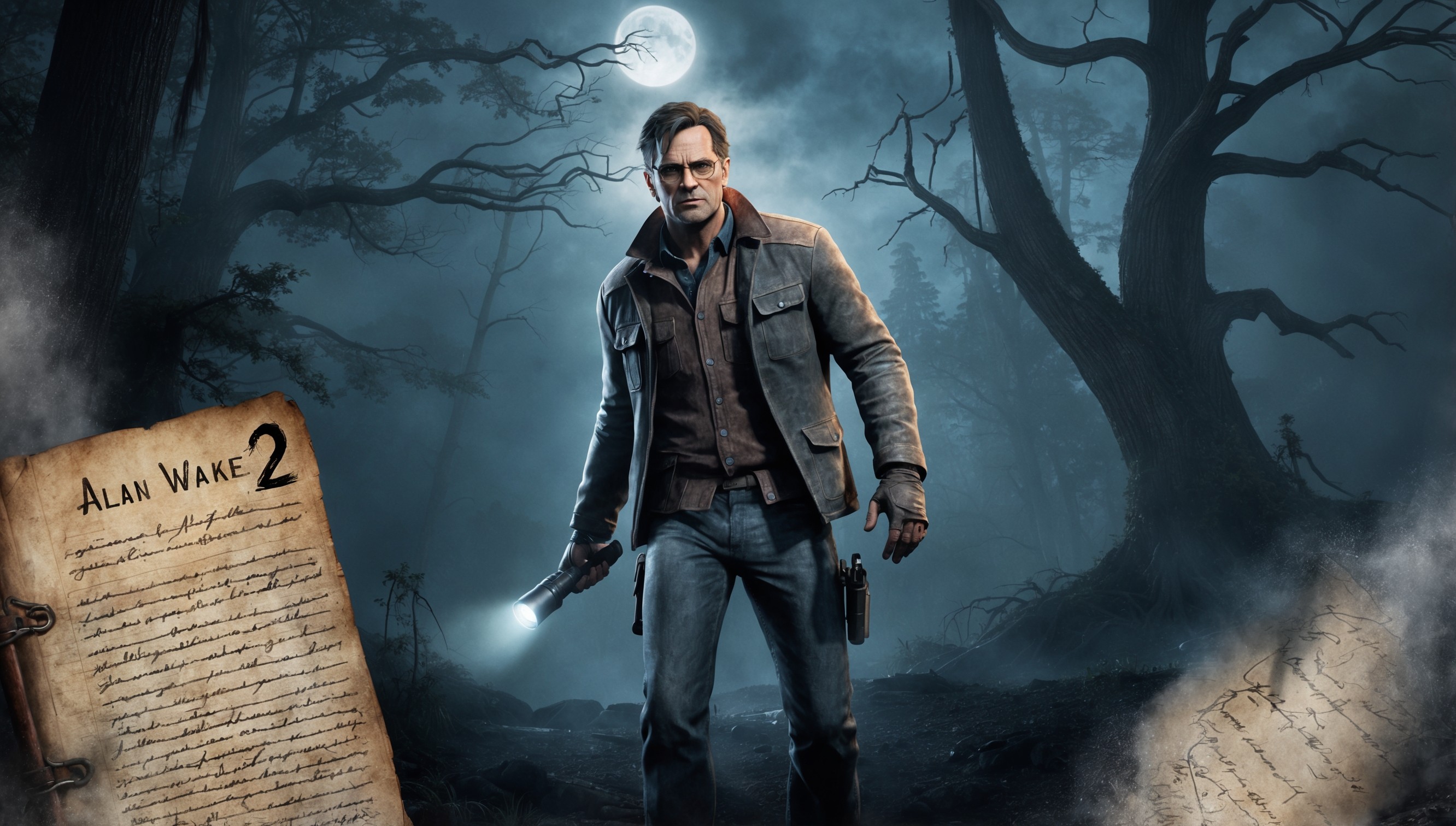 A hauntingly lit, atmospheric poster art for Alan Wake 2, a narrative-driven action-adventure game, set against a misty, moonlit forest backdrop with towering trees, their branches like skeletal fingers reaching towards the sky, and a faded, worn-out manuscript page with handwritten notes and cryptic symbols scattered in the foreground, Alan Wake, the game's protagonist, a bespectacled, ruggedly handsome man in his mid-40s with a determined expression, standing in the center, clad in a worn leather jacket and jeans, holding a flashlight that casts an eerie glow, with hints of mystical, supernatural elements lurking in the shadows, the overall color palette a mix of dark blues, greys, and sepia tones, evoking a sense of foreboding and mystery.