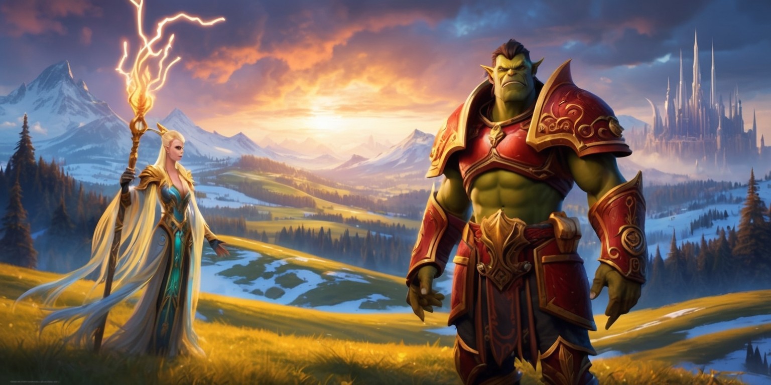 A majestic landscape of the World of Warcraft realm, set in a vibrant fantasy world with rolling hills, snow-capped mountains, and mystical forests, illuminated by a warm, golden light. In the foreground, a proud orc warrior stands tall, clad in ornate, crimson armor adorned with intricate, golden filigree, his fierce gaze fixed on the horizon. His skin is a deep, earthy green, with prominent tusks and a strong, angular jawline. To his left, a wise, aged draenei mage stands, her slender build cloaked in flowing, iridescent robes, her long, slender ears and delicate features a testament to her ancient, mystical heritage. The mage's staff, adorned with glowing, ethereal runes, crackles with energy as she surveys the realm. The sky above is ablaze with color, as the sun sets behind a gathering storm, casting an ominous, yet majestic atmosphere over the scene. In the distance, the towering spires of Stormwind City rise, their flags and banners snapping in the wind.