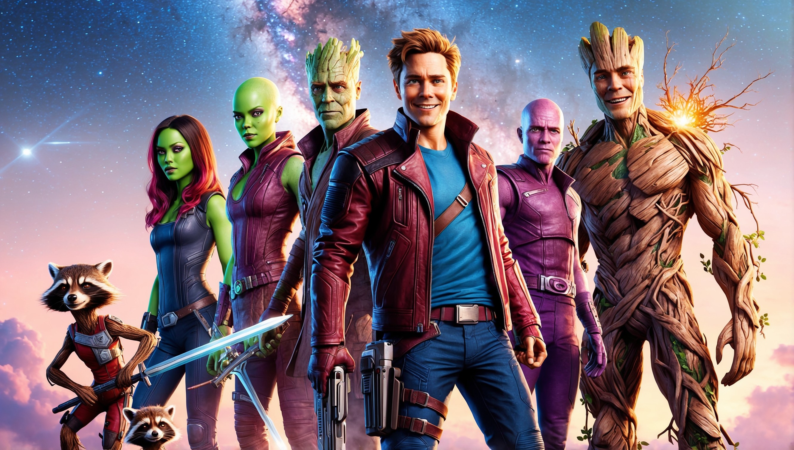 A vibrant, whimsical digital illustration depicting the iconic Guardians of the Galaxy team from the Marvel movie franchise, set against a stunning, starry night sky with nebulae and galaxies in the background. Peter Quill, aka Star-Lord, stands confidently with his blaster in hand, wearing his signature red leather jacket, blue shirt, and helmet, with a bright, determined smile on his pale, freckled face. To his left, Gamora, the deadly assassin, poses with her sword at the ready, her emerald green skin and striking features illuminated by the soft, ethereal glow of the cosmos. Beside them, Drax the Destroyer stands tall, his muscular physique and intricate tattoos on display, a hint of a smirk on his rugged, crimson-tinted face. Rocket Raccoon, perched on Groot's shoulder, gives a mischievous thumbs-up, surrounded by an aura of bright, fiery sparks, while Groot, with his branch-like arms and gentle, expressive face, completes the quintet. The illustration blends bold colors, dynamic composition, and playful textures, capturing the beloved characters' unique personalities and camaraderie.