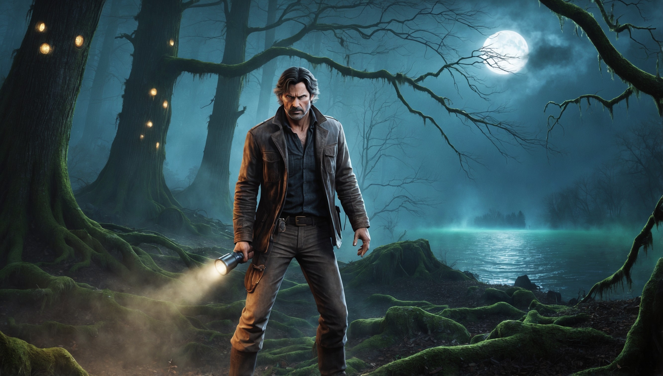 A hauntingly atmospheric scene depicting the protagonist Alan Wake, a determined and ruggedly handsome writer in his mid-40s with a strong jawline, messy brown hair, and a worn leather jacket, standing amidst the misty, moonlit woods of Bright Falls, surrounded by towering trees with glowing eyes, their branches twisted like skeletal fingers, as he clutches his signature flashlight, its beam casting an eerie glow on the dark, moss-covered terrain, with a faint, ominous mist swirling around his boots, and in the distance, the faint outline of Cauldron Lake, its waters rippling with an otherworldly energy, as if the darkness itself is stirring, with the overall color palette shifting between deep blues and greens, evoking a sense of foreboding and mystery.