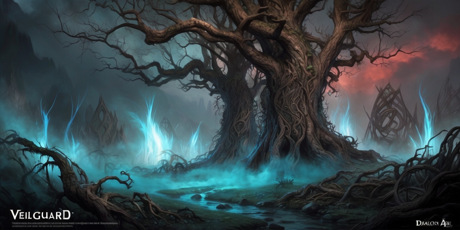 A hauntingly beautiful illustration depicting the mystical realm of the Veilguard, a prominent location in the Dragon Age universe, with eerie mist swirling around the base of ancient, gnarled trees, their branches twisted with age and wisdom, as piercing blue mistlights flicker, casting an ethereal glow on the scenery, set against a dark, foreboding sky with hints of crimson, evoking a sense of mystery and ancient power, with subtle, muted earth tones dominating the color palette, and intricate, Celtic-inspired patterns etched into the trees, hinting at the rich history and lore of the Veilguard, all rendered in a stunning, highly detailed, digital painting style, with bold brushstrokes and textures, inspired by the concept art of the Dragon Age games.